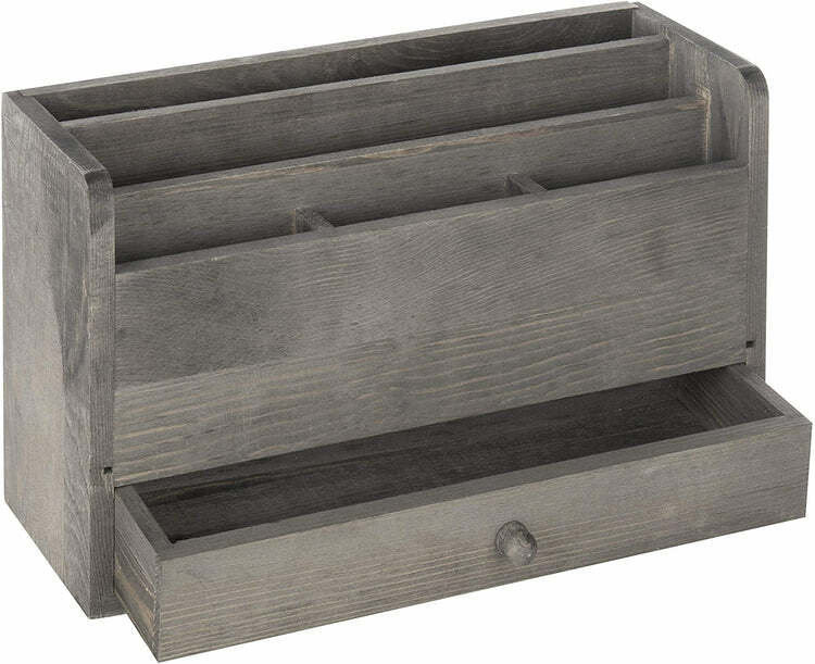 Wood Office Desk Organizer – Rustic Gray Desktop Document and Stationery Holder