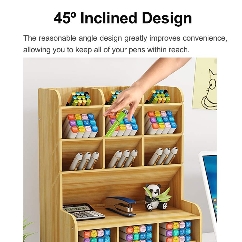 Wooden Desk Organizer, Large Capacity DIY Pen Holder Storage Box Desktop Stat