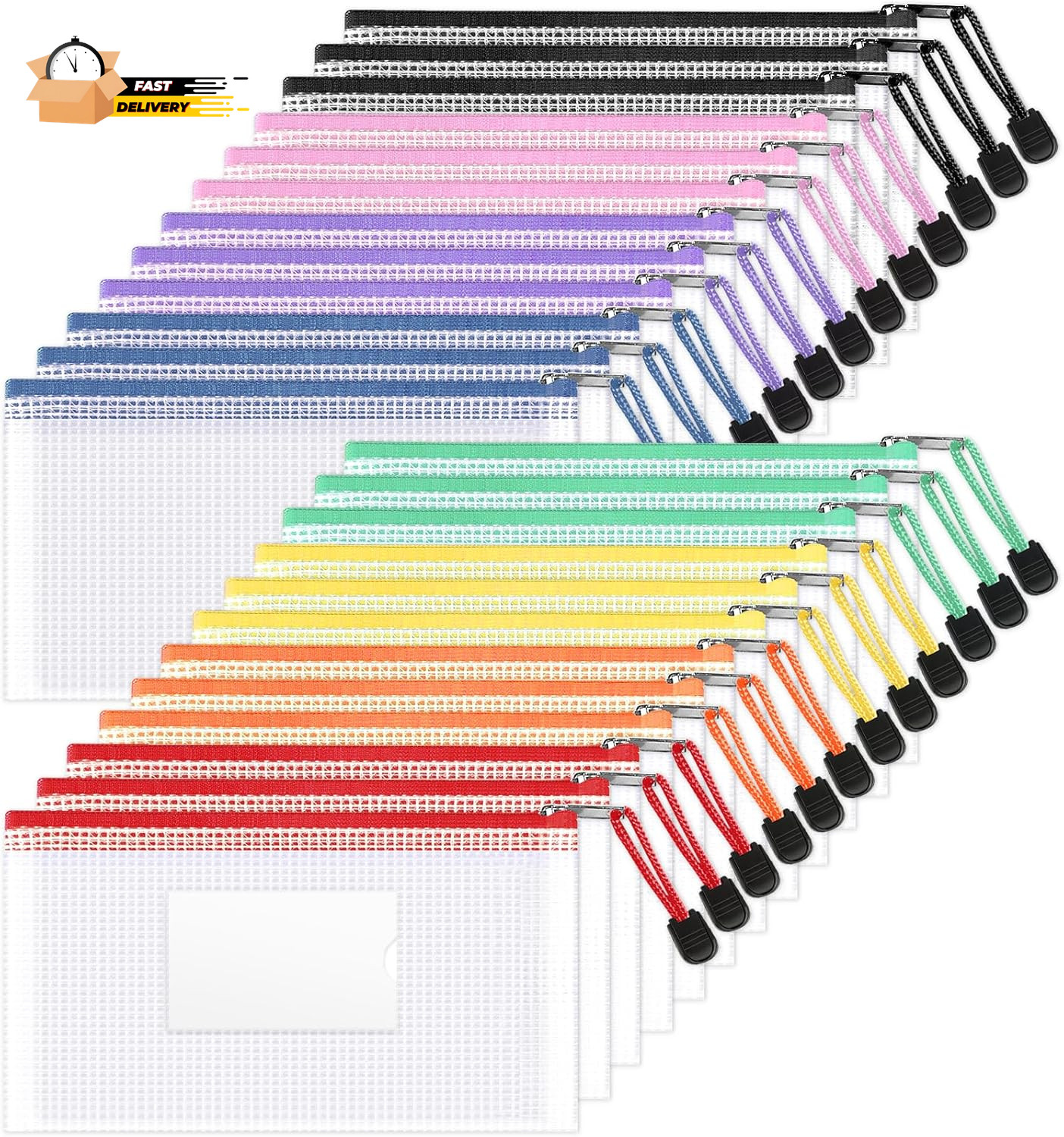 24 Pack Mesh Zipper Pouch Bags with Label Pocket, A6 (9.1×4.7 In) Small Pencil