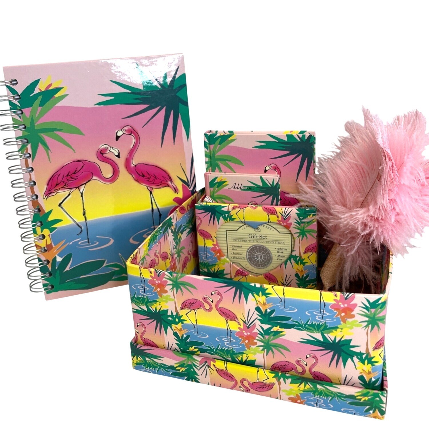Vintage Flamingo Stationery Desk Gift 7 Pc Set Office Storage Box Journal Pencil