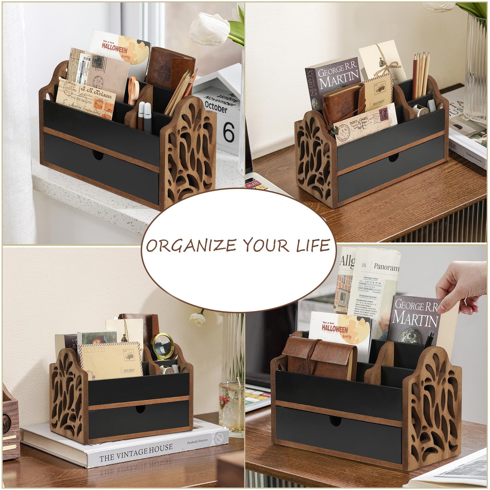 Desk Organizer with Drawer Wood File Office Mail Organizer Countertop-5 Slot …