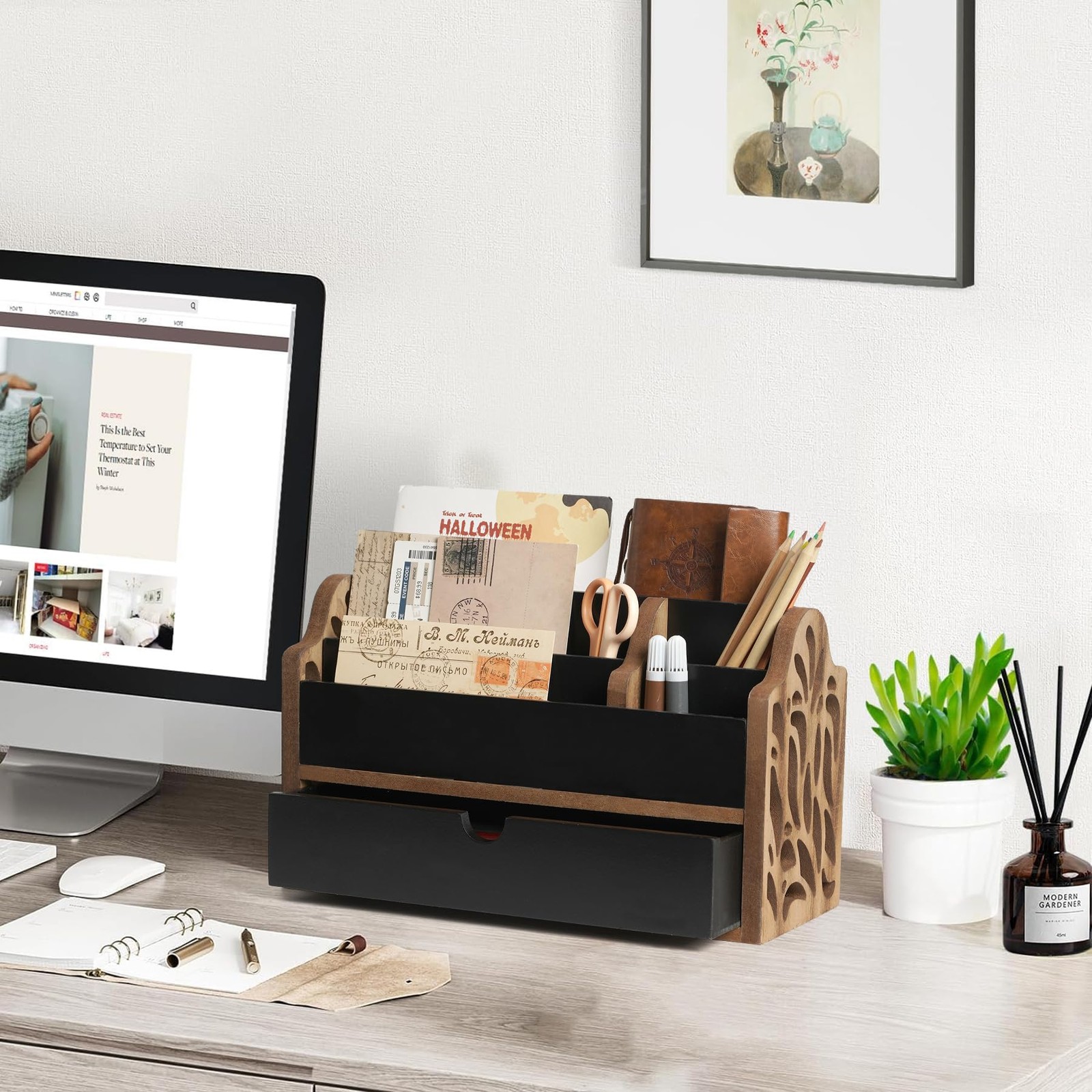 Desk Organizer with Drawer Wood File Office Mail Organizer Countertop-5 Slot …