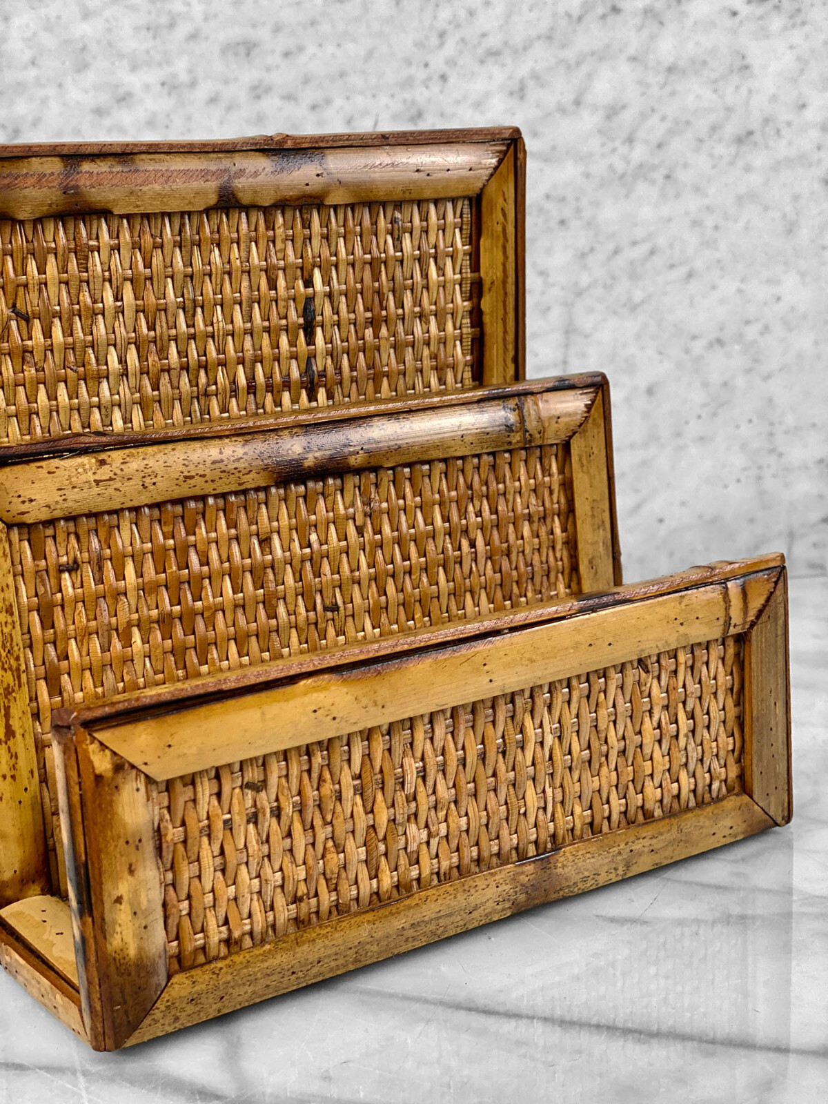 Vintage Coastal Boho Rattan Bamboo Letter Holder Desk Organizer