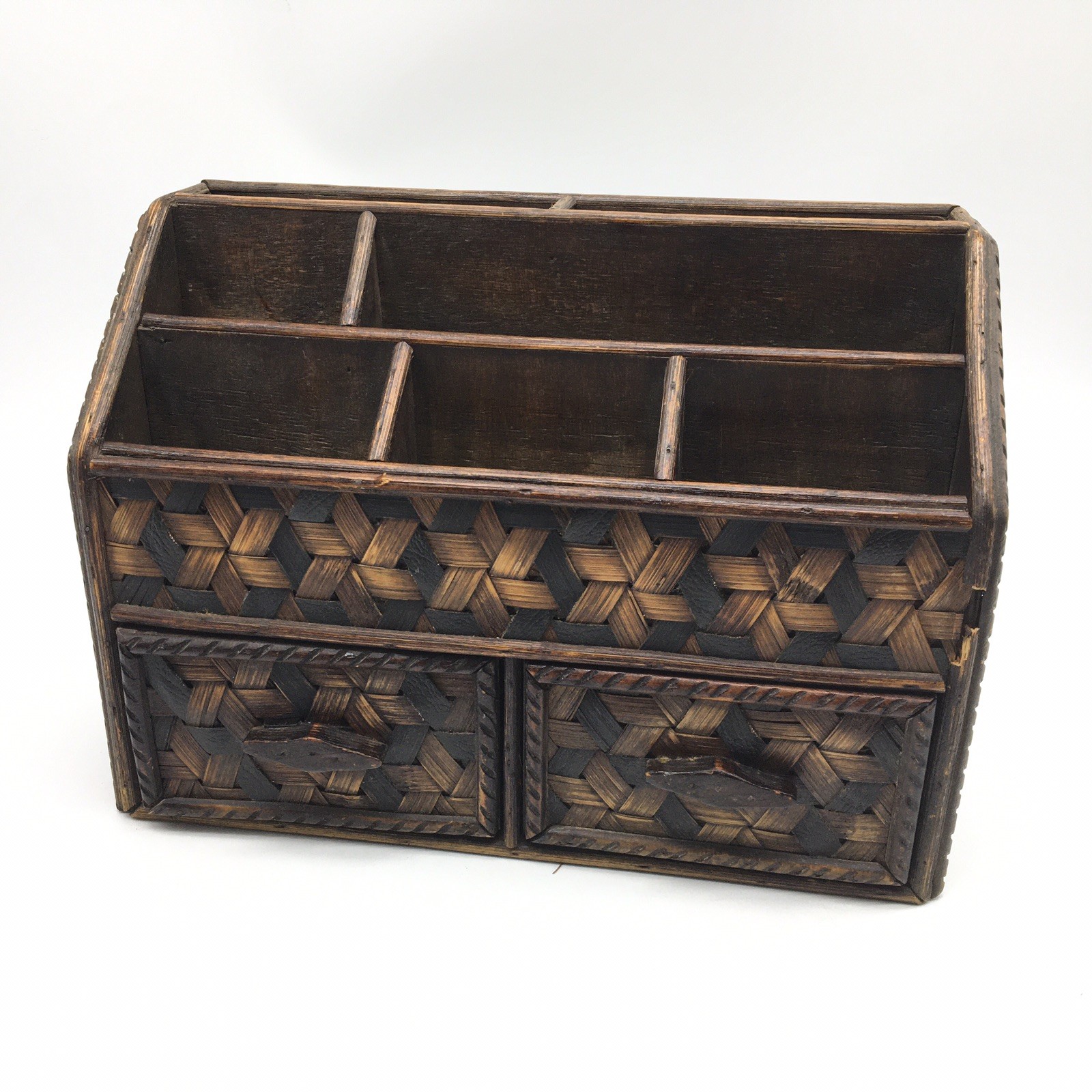 Vtg Wood + Woven Bamboo Desk Organizer Divider 2 Drawers Letter Holder Utensils