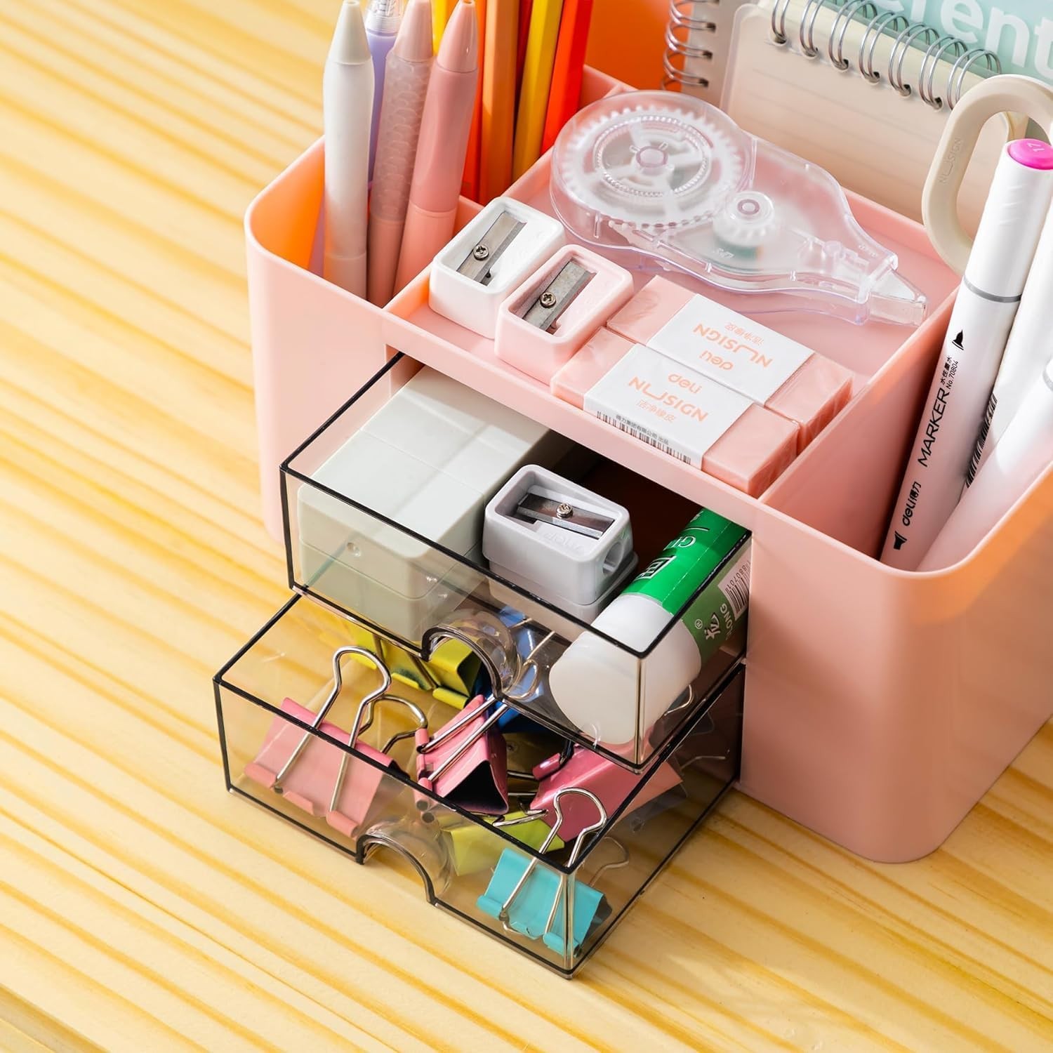 Stationary Organiser 7-Grid Desk Organizer with Drawer – Multifunctional Plas…