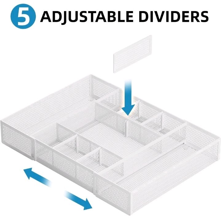Expandable Desk Drawer Organizer Tray Mesh With 10 Adjustable Compartments White