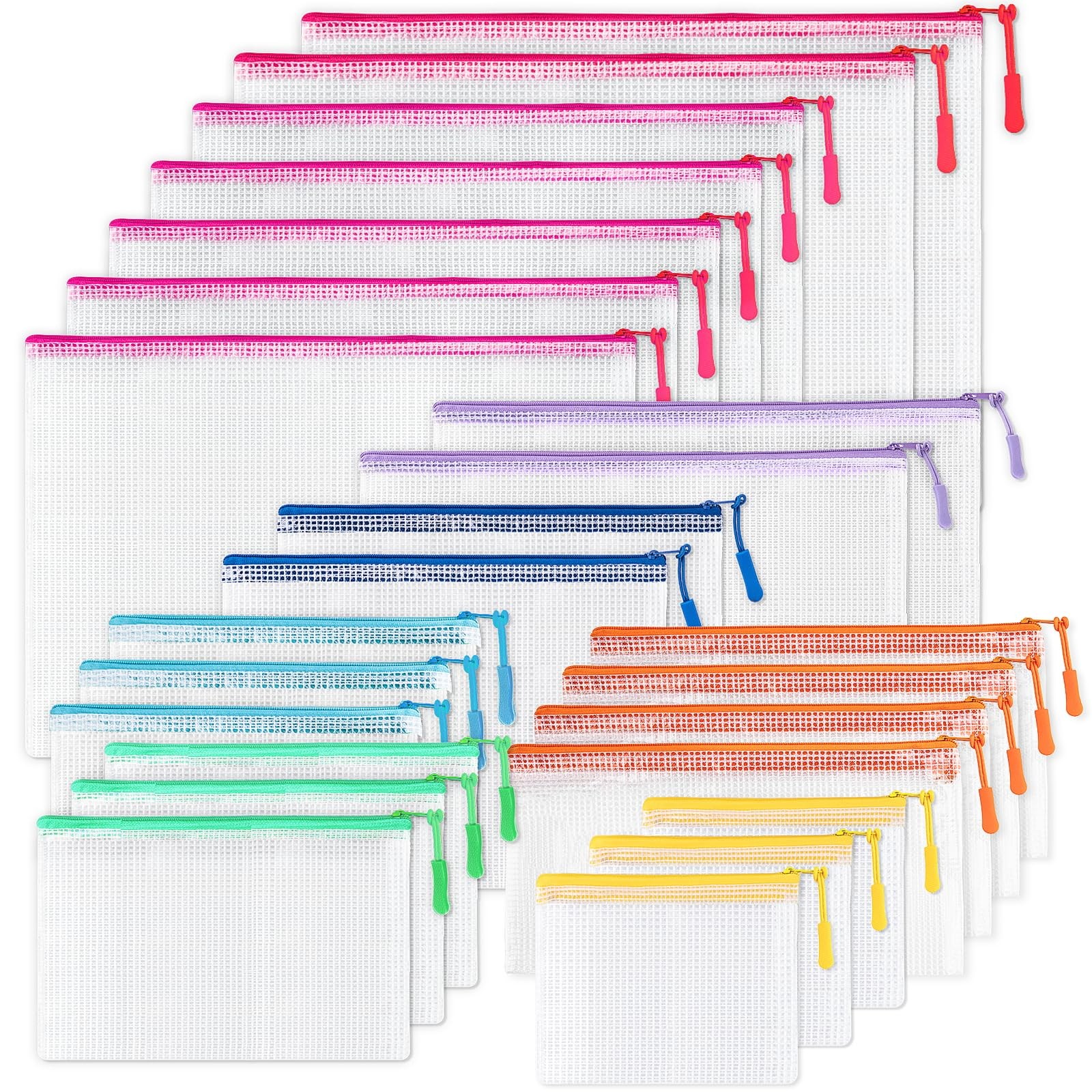 24 Pcs Mesh Zipper Pouch Bags Plastic Zipper Pouches for Classroom in 8 Sizes