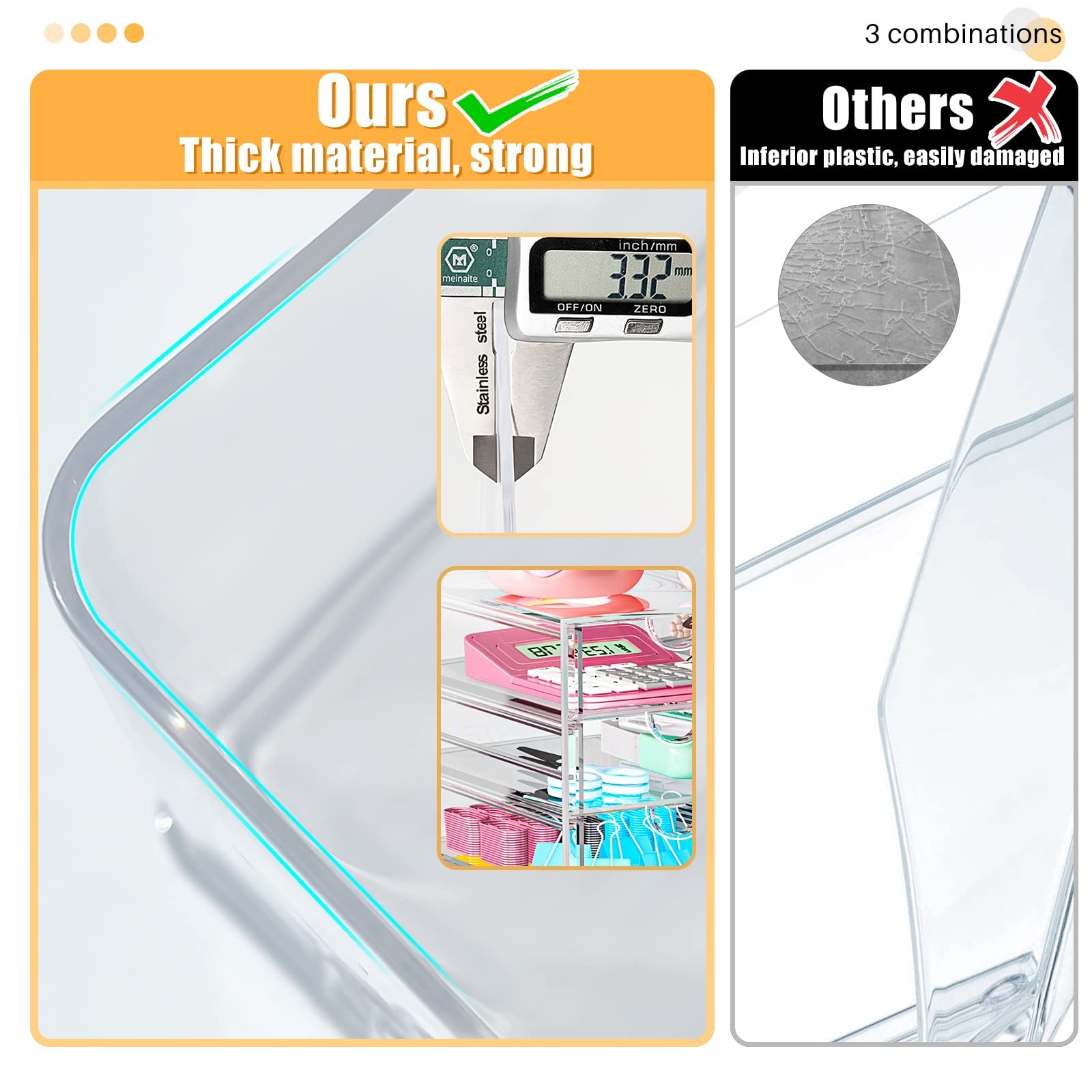 Acrylic 3 Pack Desk Organizers and Accessories, Makeup 15 Drawers, Clear