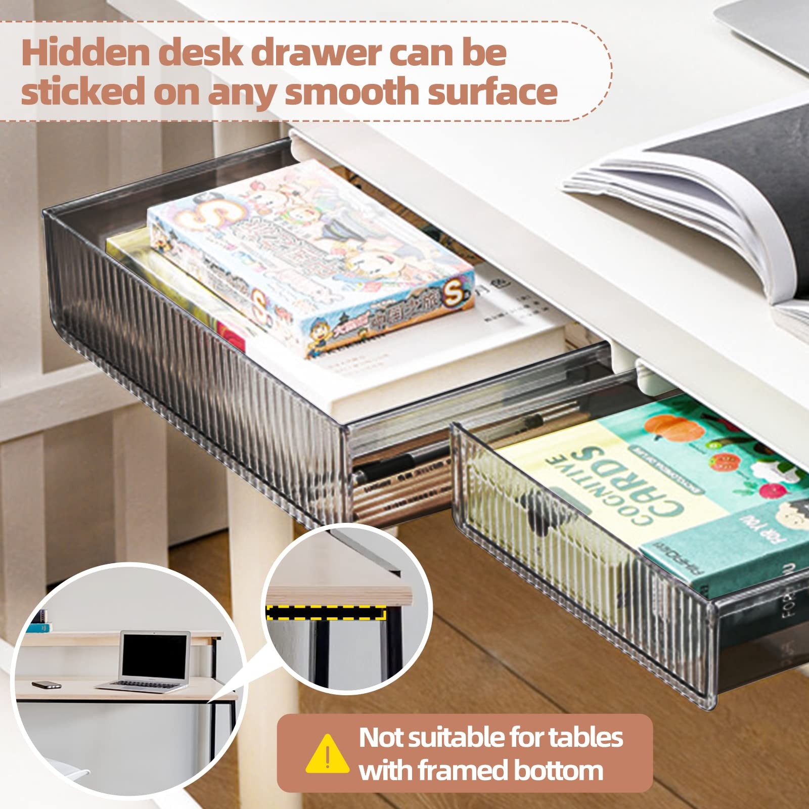 2Pcs Under Desk Storage Drawers Slide OutLarge&Medium Stick On Desk Drawer Or…