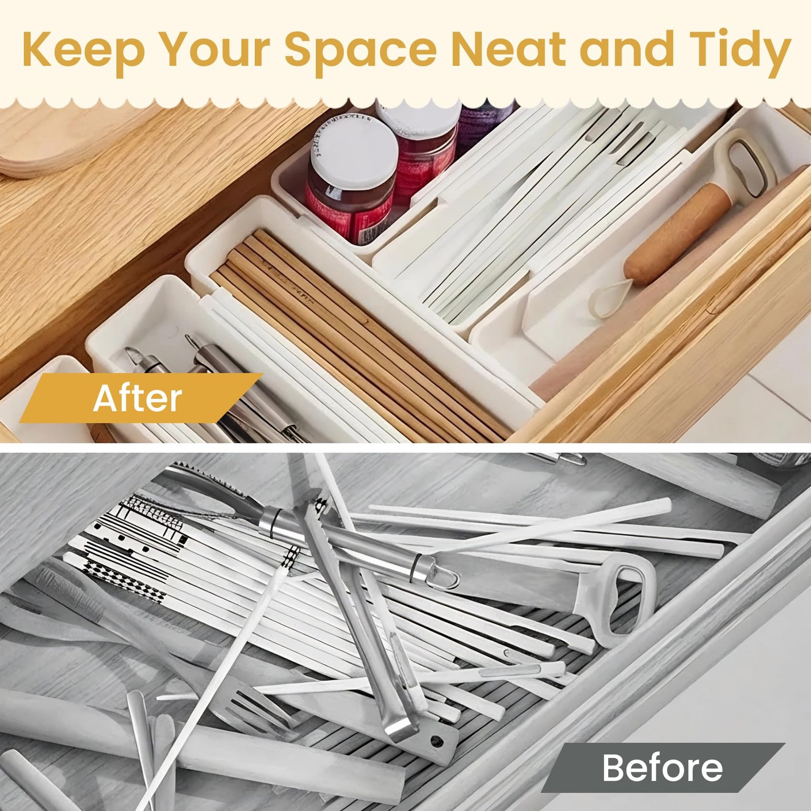 4~Pack Adjustable Drawer Organizers, Expandable Dividers, White