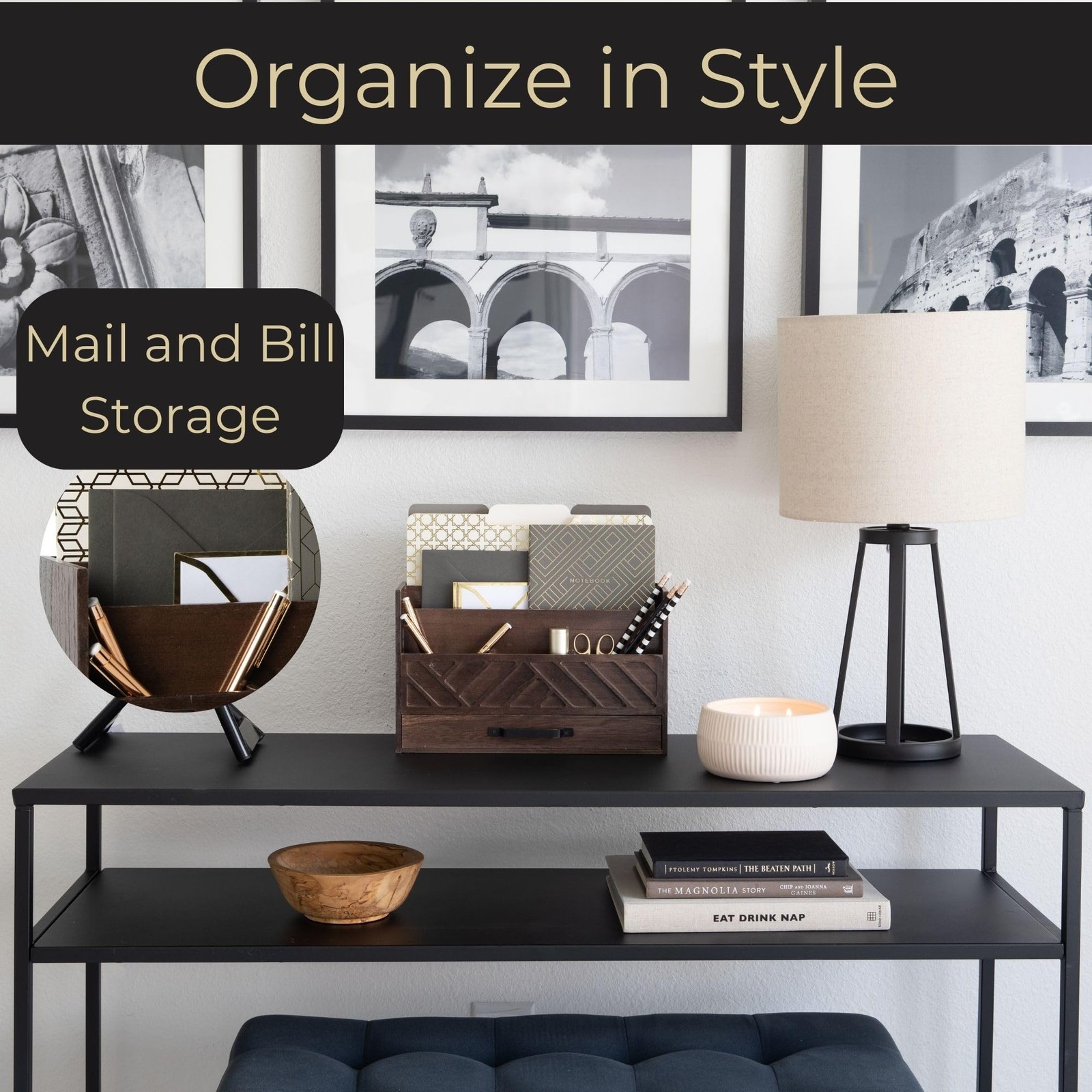 Organizer – Brown Wood Desk Organizer with Drawer – Bill Storage and Sorter f…