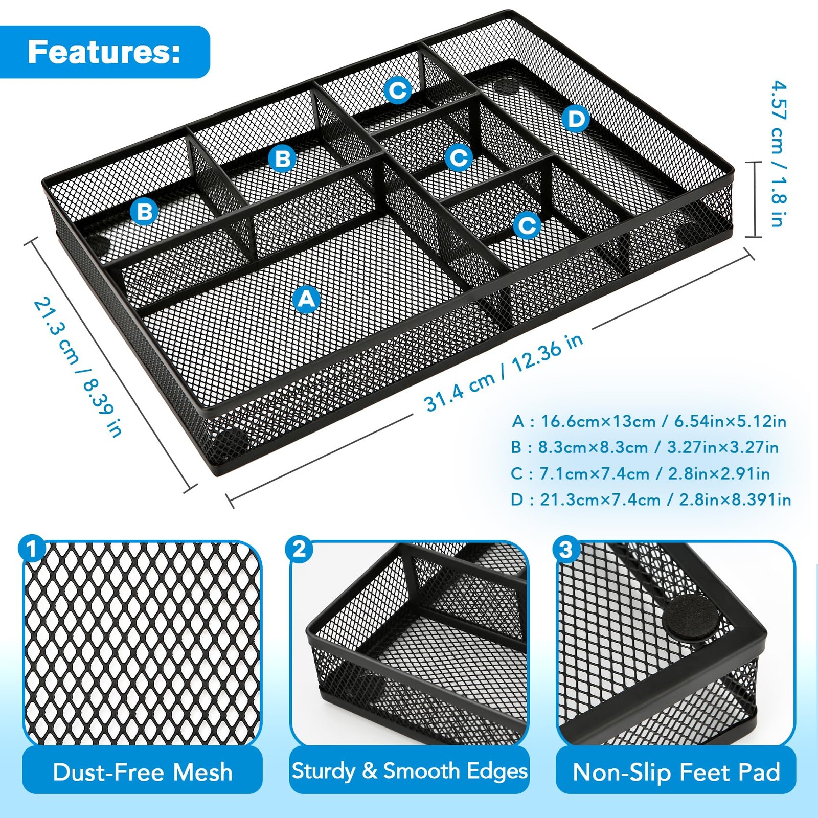Desk Drawer Organizer Tray, 7~Compartment, Non~Slip, Black