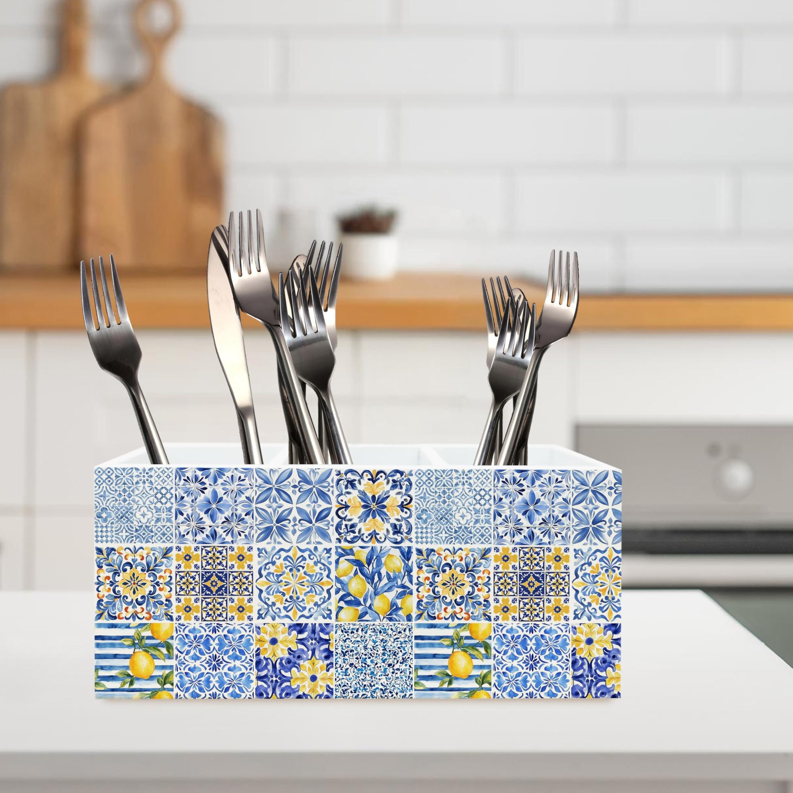 Kitchen Utensil Holder Organizer 3 Compartment Wood Mediterranean Lemon Print