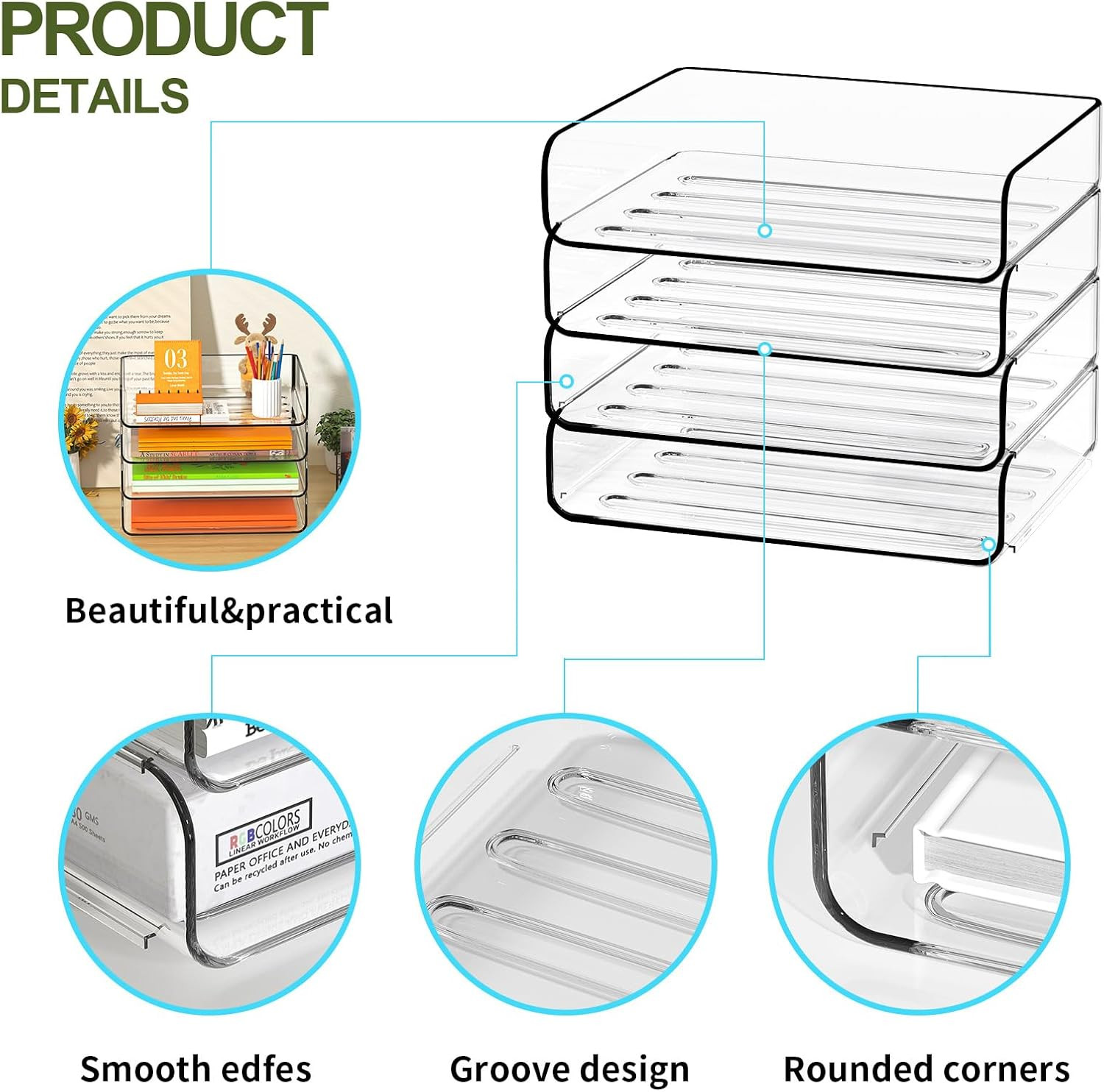 FANXIYQ 4-Tier Acrylic Paper Tray Organizer – Low-Profile Desk File Sorter for O