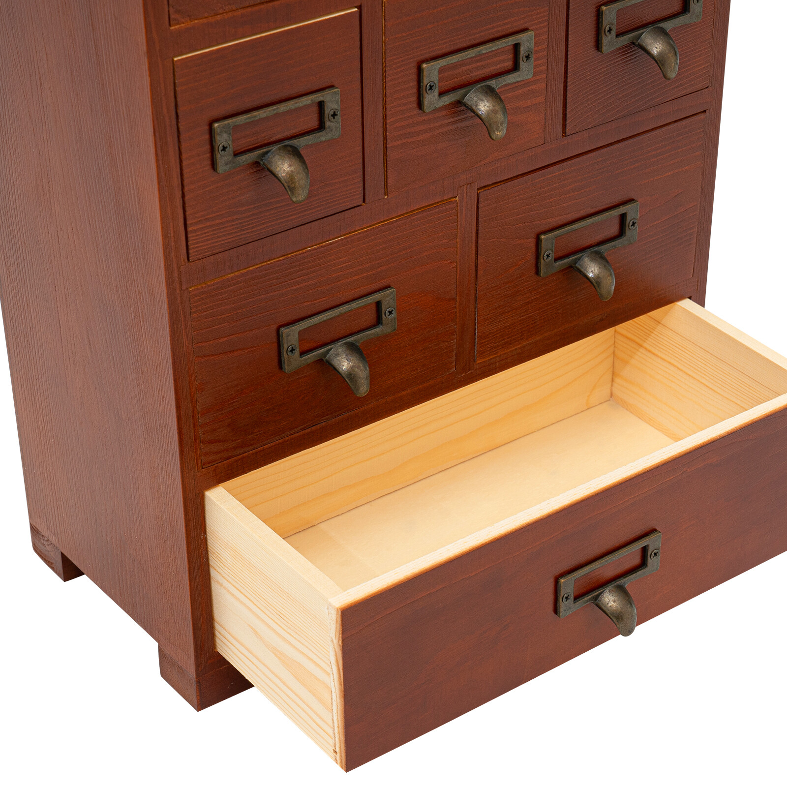 Dark Brown Retro Pine Wood Iron 9 Drawer Rectangular Storage Box Tabletop