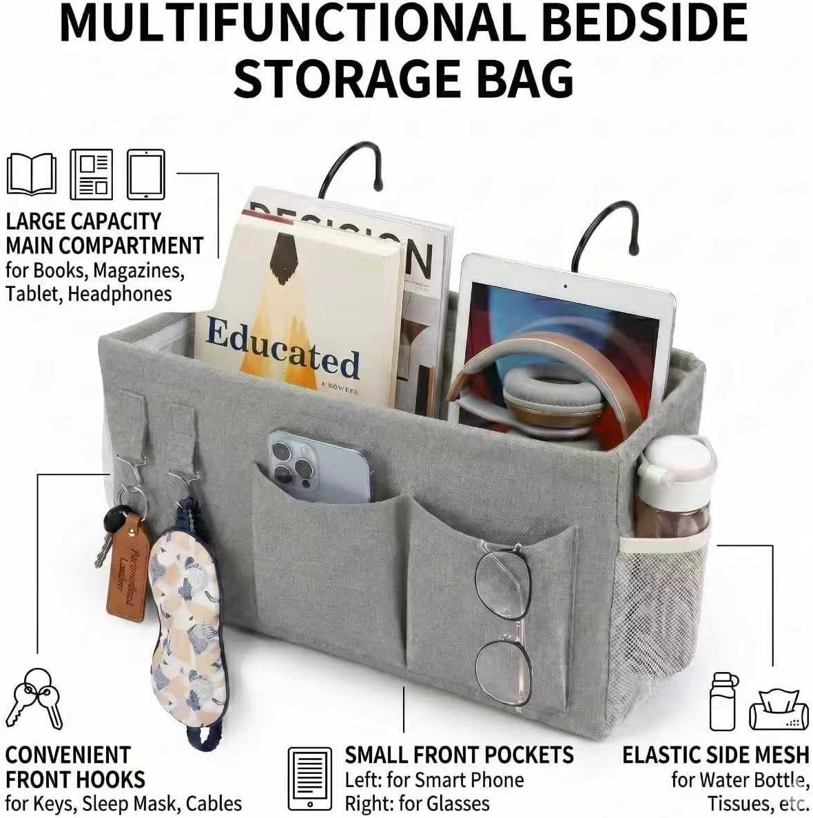 1pc Bedside Caddy Organizer with Hooks, No-Sagging Canvas Hanging Bed Pocket …