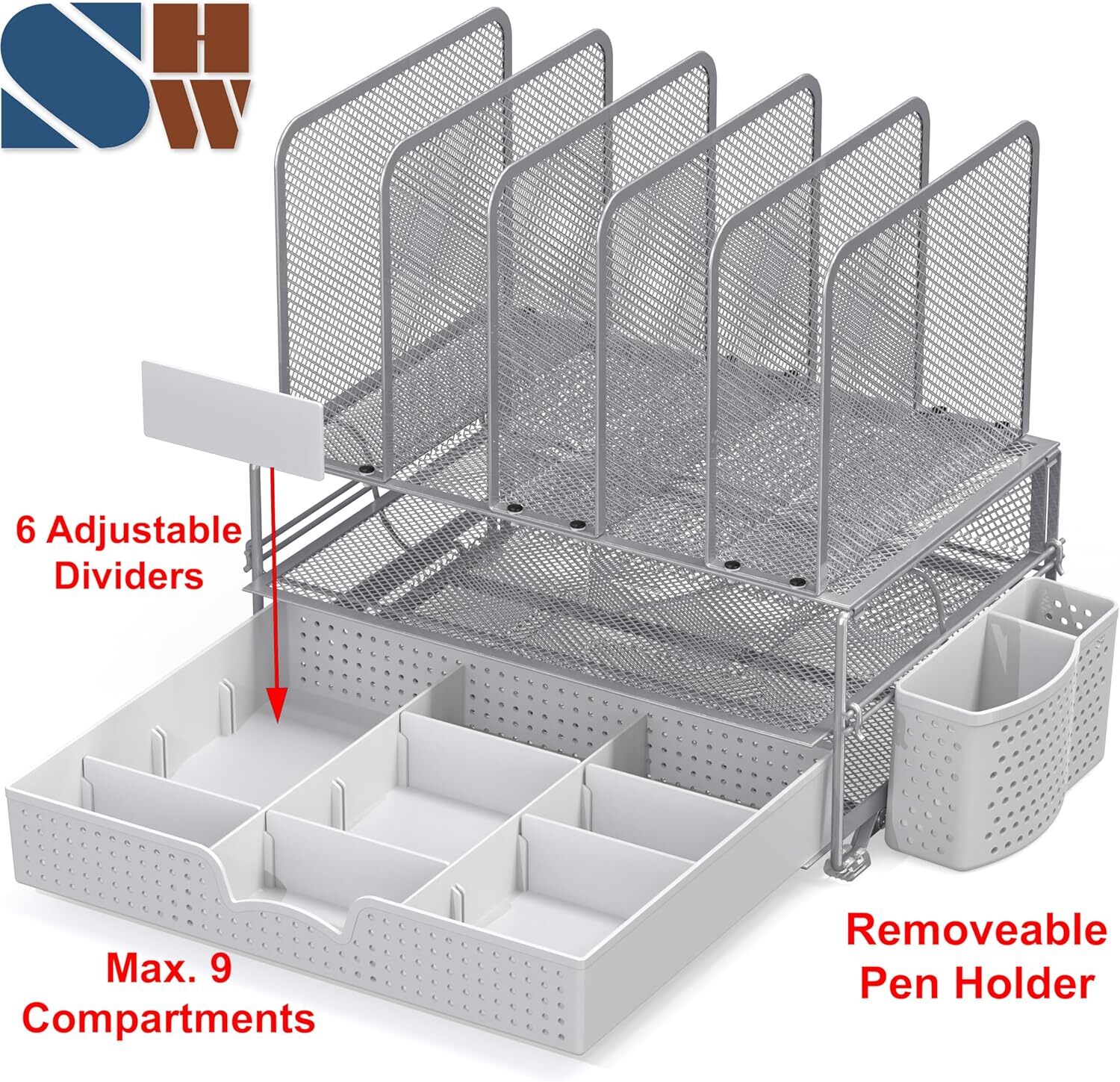 Mesh Desk Organizer with Sliding Drawer, Double Tray & 5 Upright Sections-Silver