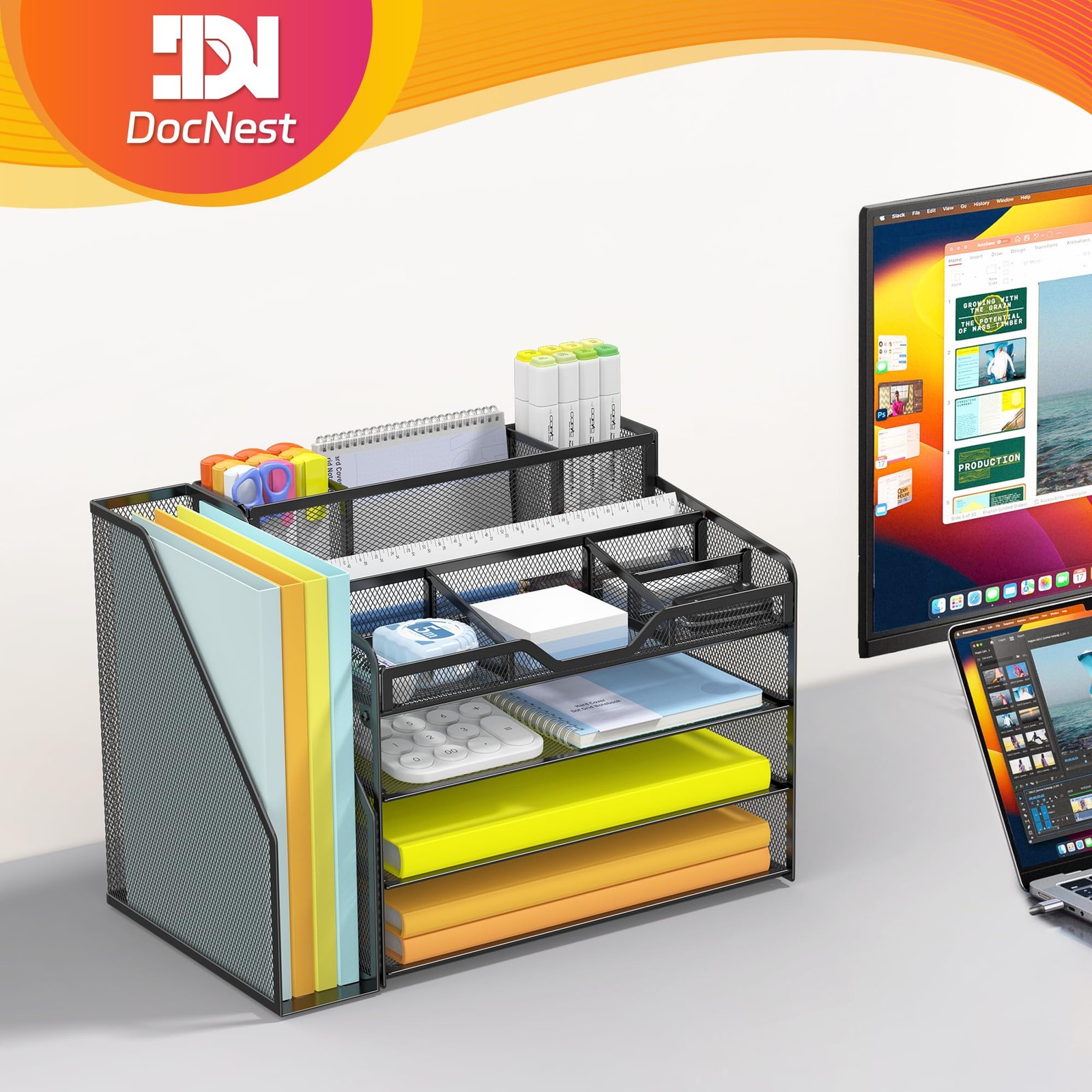4 Tier Mesh Desk Organizer File Tray Desktop Storage with Pen Holders