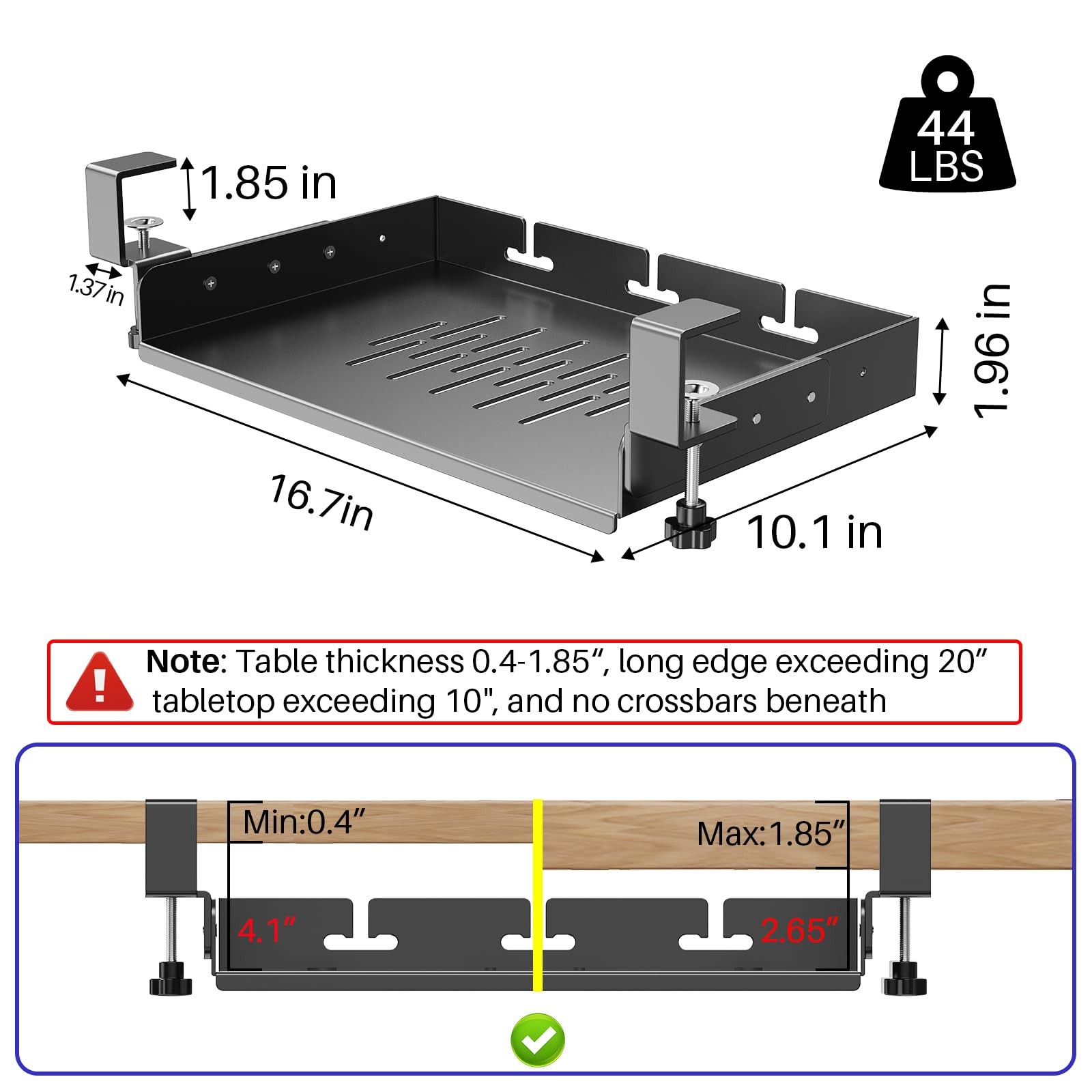 No Drill Under Desk Laptop Mount, 17 inches x 10.1 x 2.5 inches, Black