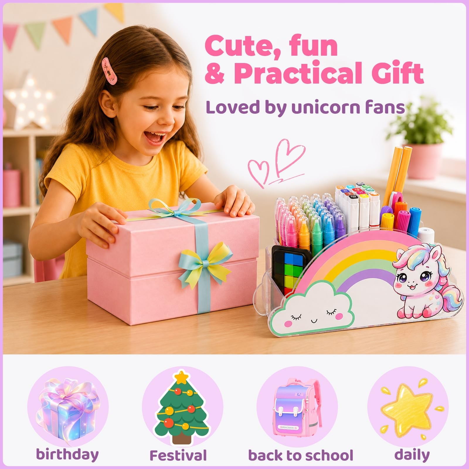 Kids Desk Organizer for Girls, Unicorn Pencil Holder with 5 Compartments, Mar…