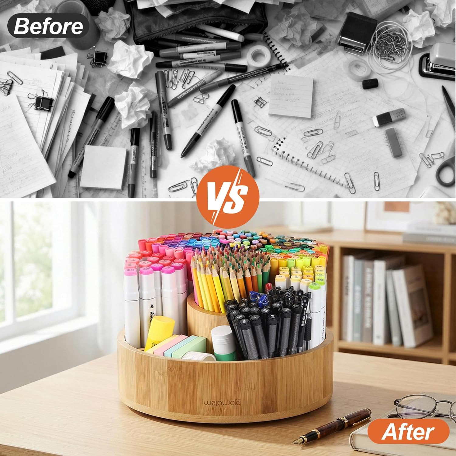 Marker Organizer Rotating Bamboo Desk Organizer, Silent 360° Rotation Caddy, 10