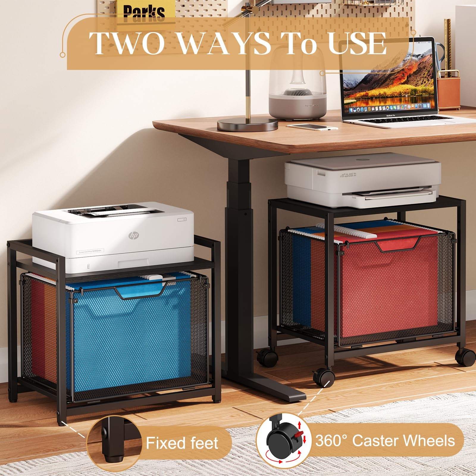JKsmart Under Desk Storage, Printer Stand with Drawer, Rolling File Black