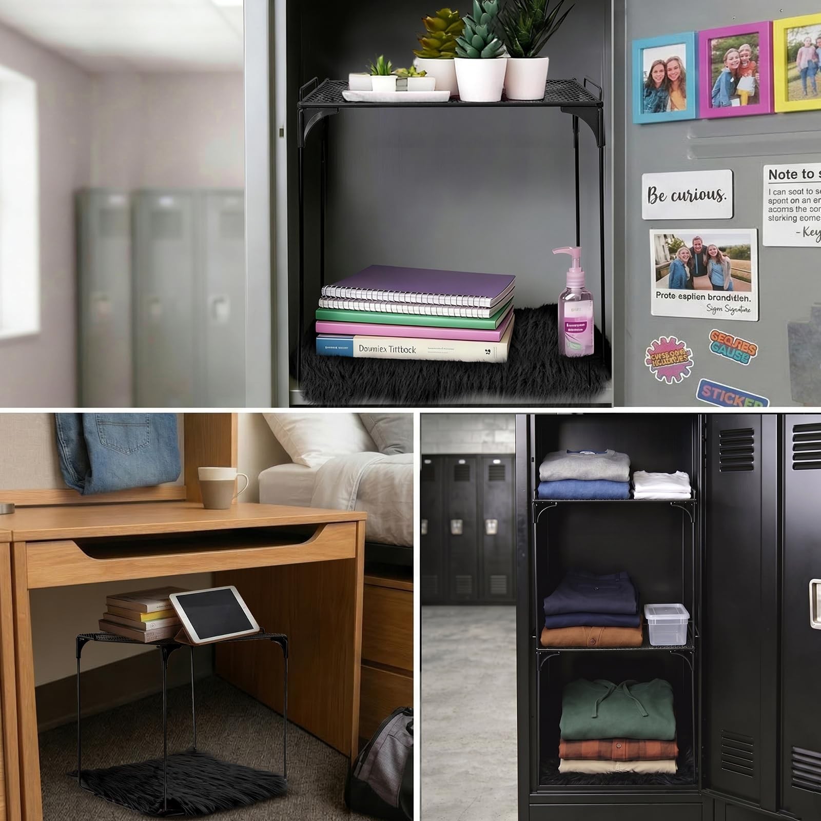 Locker Organizer Shelf with Square Fluffy Mat, 3 Pcs 24in Tall Stackable Meta…