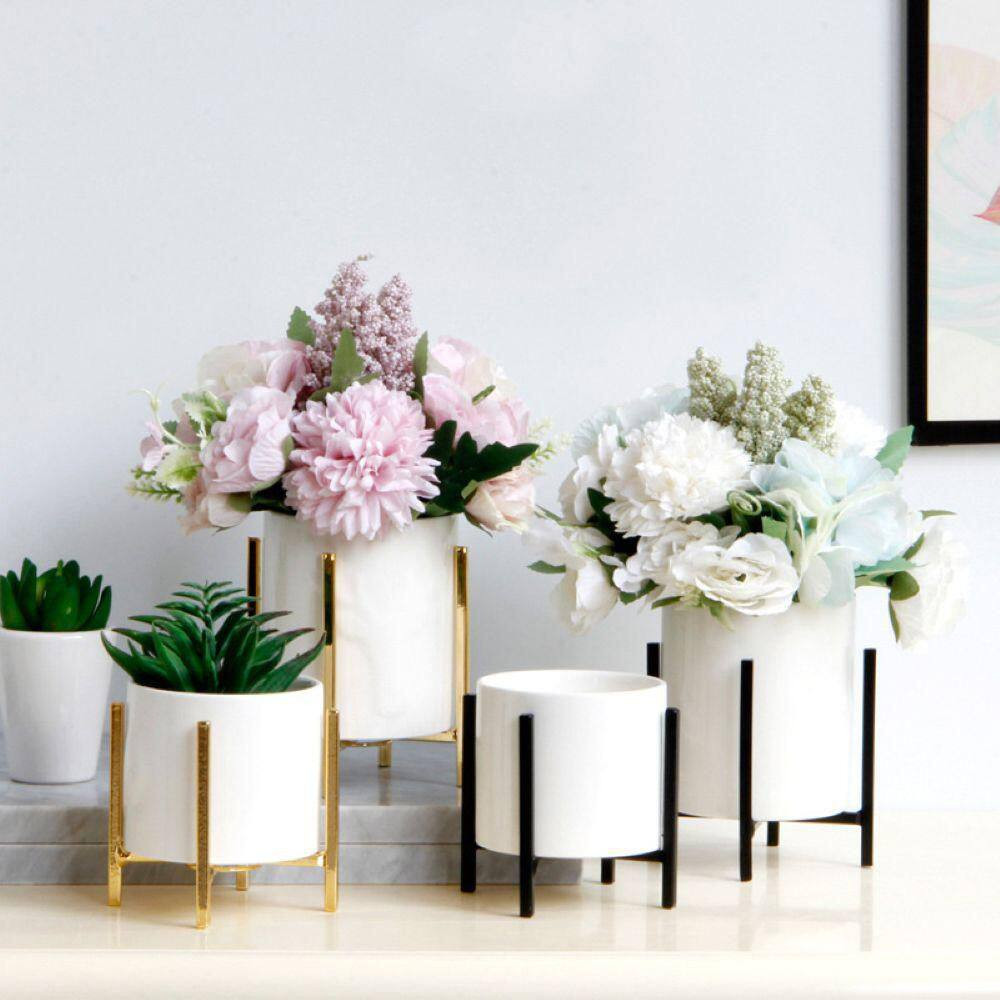 Gold and White Ceramic Pencil Cup with Sturdy Metal Frame, Smooth Marble Finish,