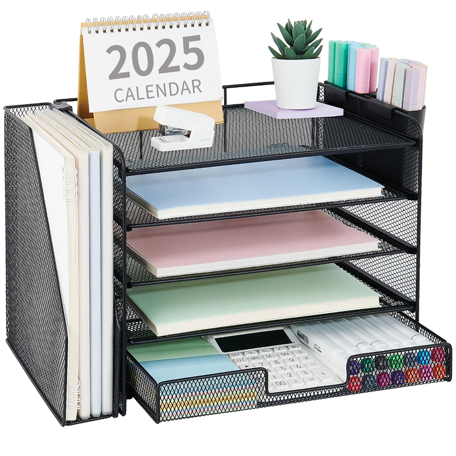 Desk Organizer, 5-Tier Desktop File Organizer with Drawer and Pen Holders, Of…