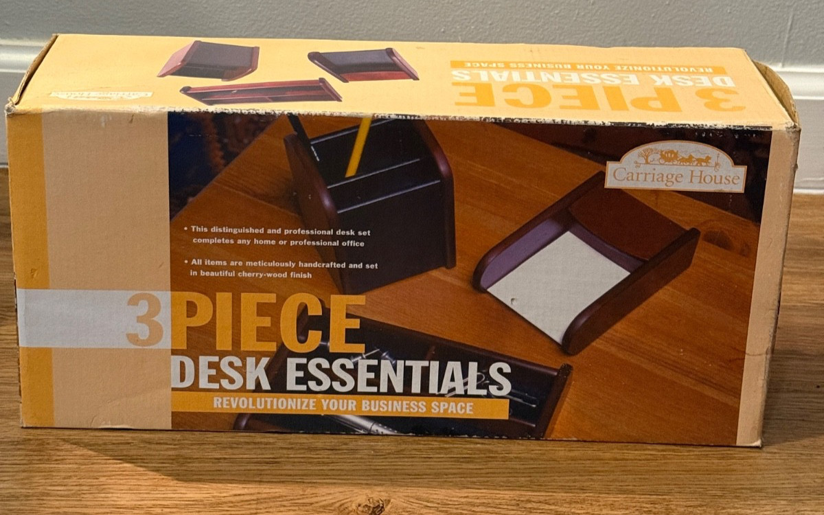 🪵 Carriage House 3 Pc Desk Essentials Set Cherry Wood Office Organizer NEW