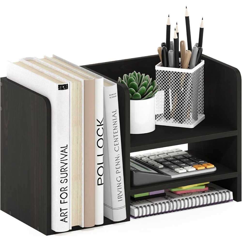 Hermite Wood Desktop Book and Home Office Supplies Storage Organizer, Espresso