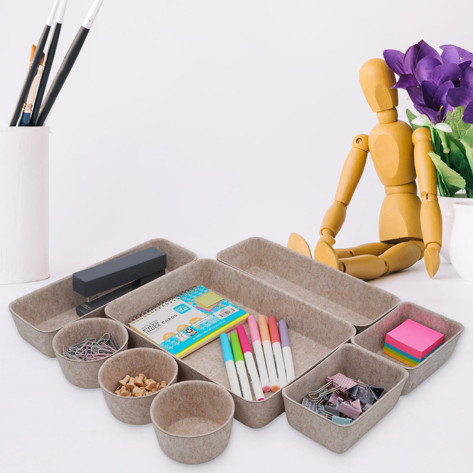 8 PCS Oatmeal Felt Office Desk Drawer Organizers Trays Shallow Dividers Box
