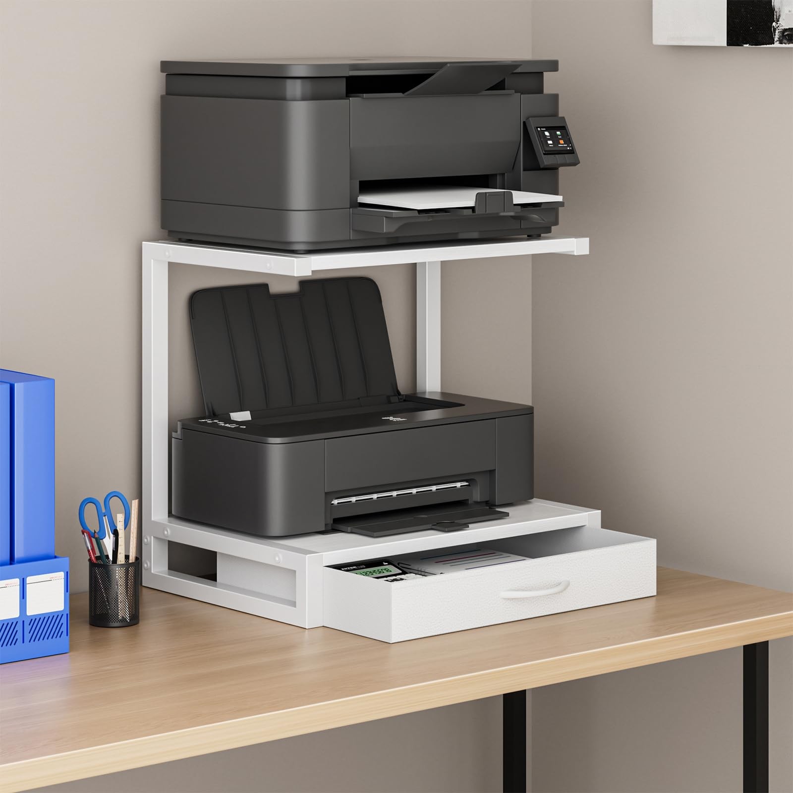 YAOHUOO 2-Tier Desktop Printer Stand with Fabric Drawer, Middle, White