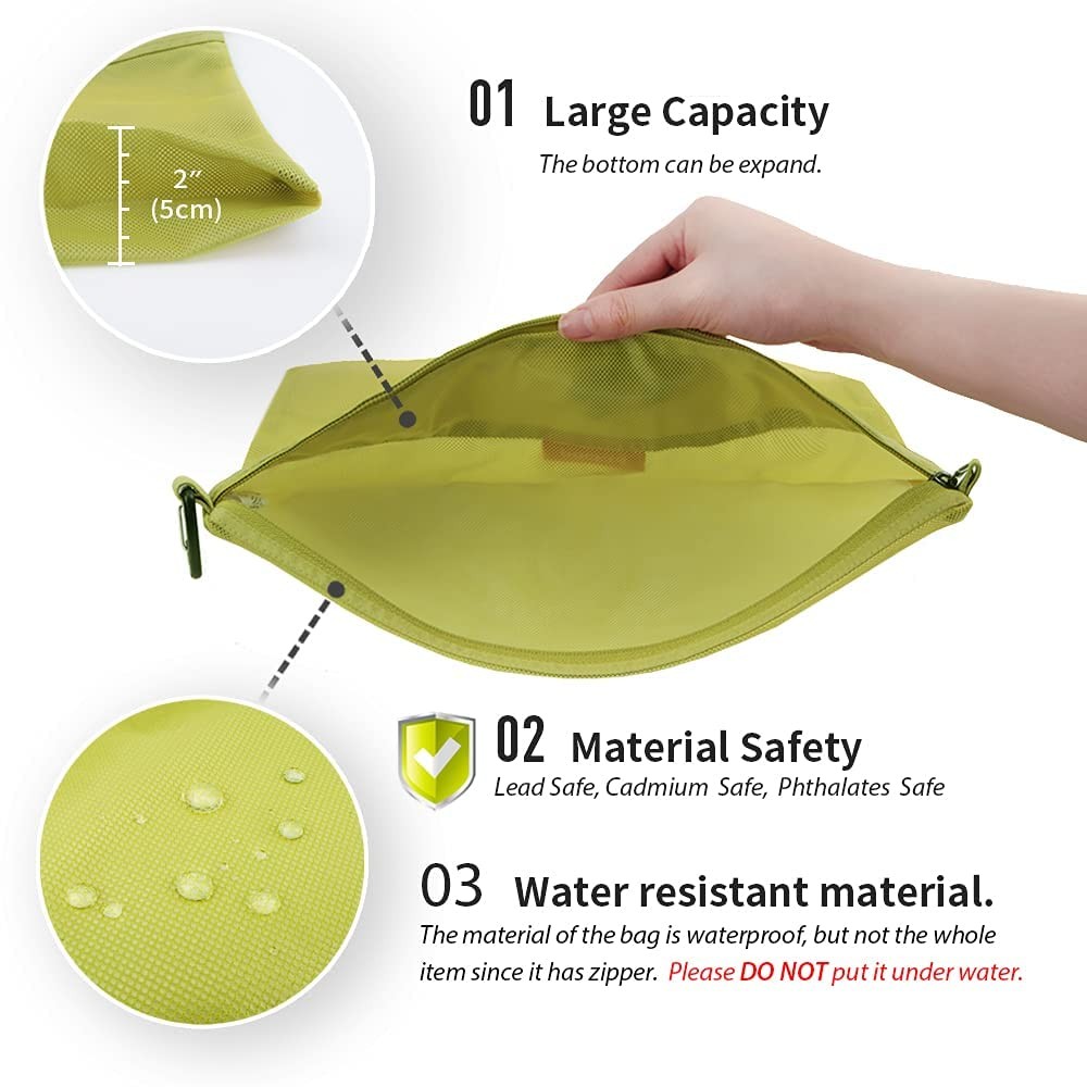 Water-Resistant Mesh Zipper Pouch Large Storage Bag for Travel Office Green