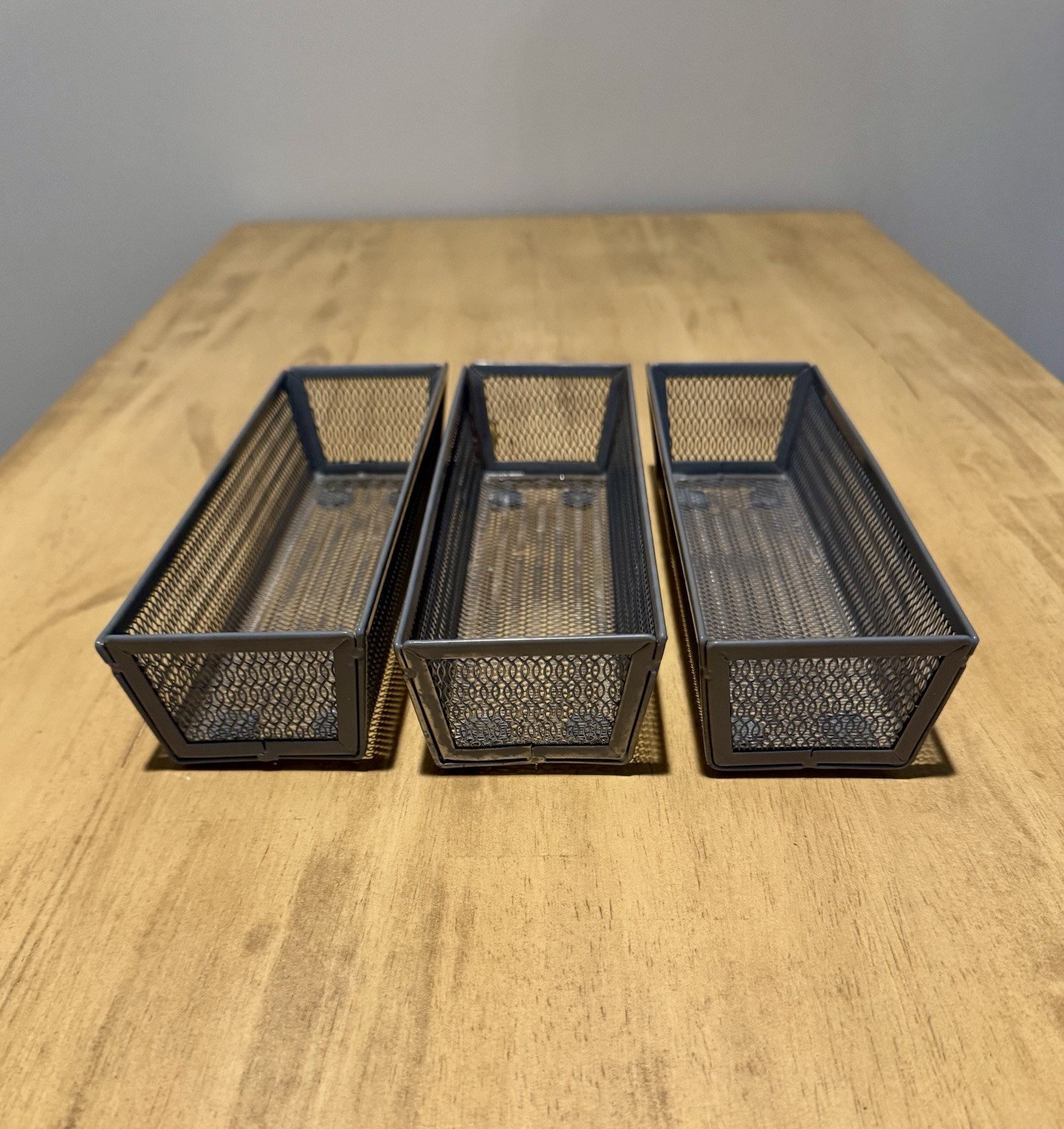 Grey Wire Organization Bins 9x3in With Bottom Pads To Prevent Scratching Gray