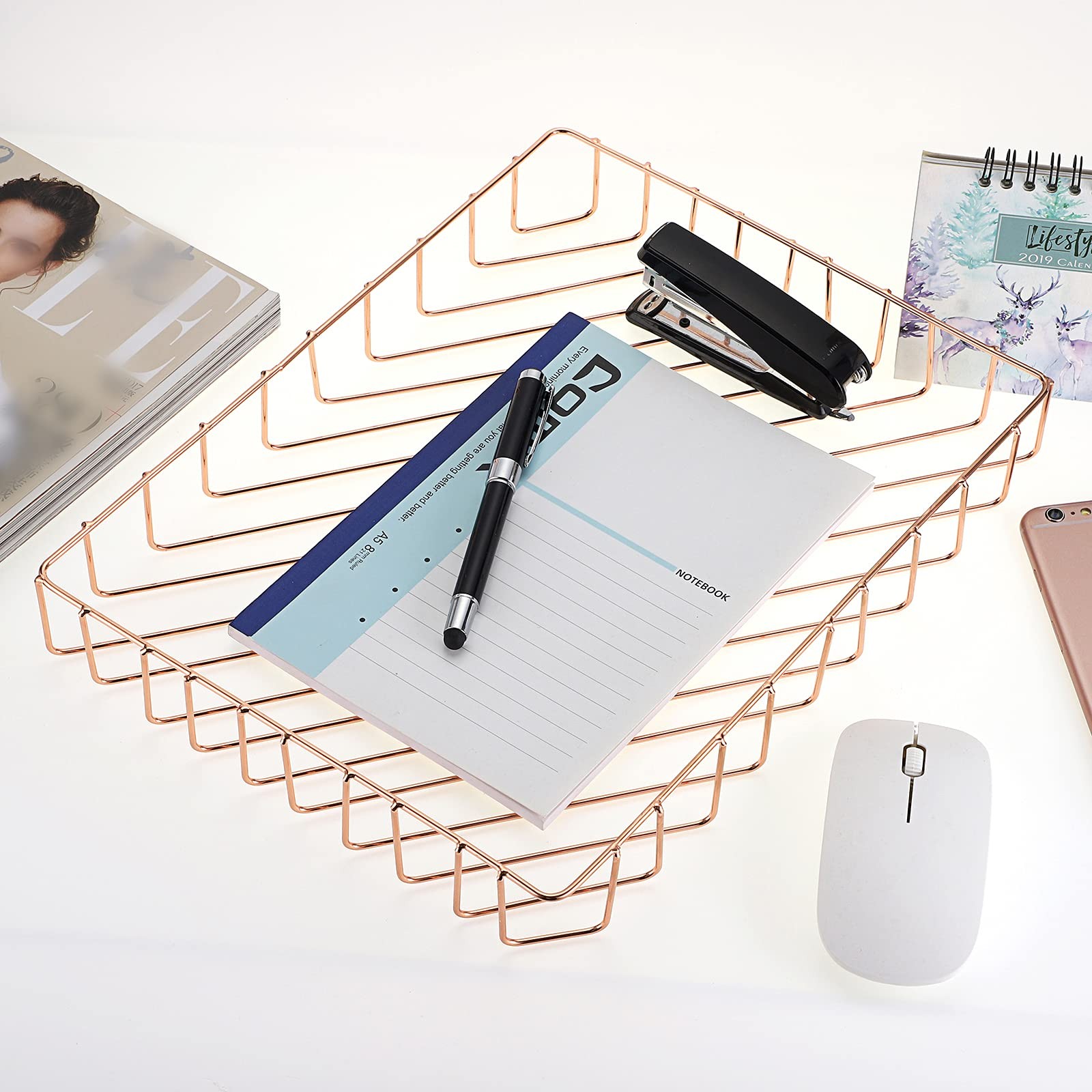 Multipurpose Rose Gold A4 File Wire Desk Tray Organizer Document Storage Bin