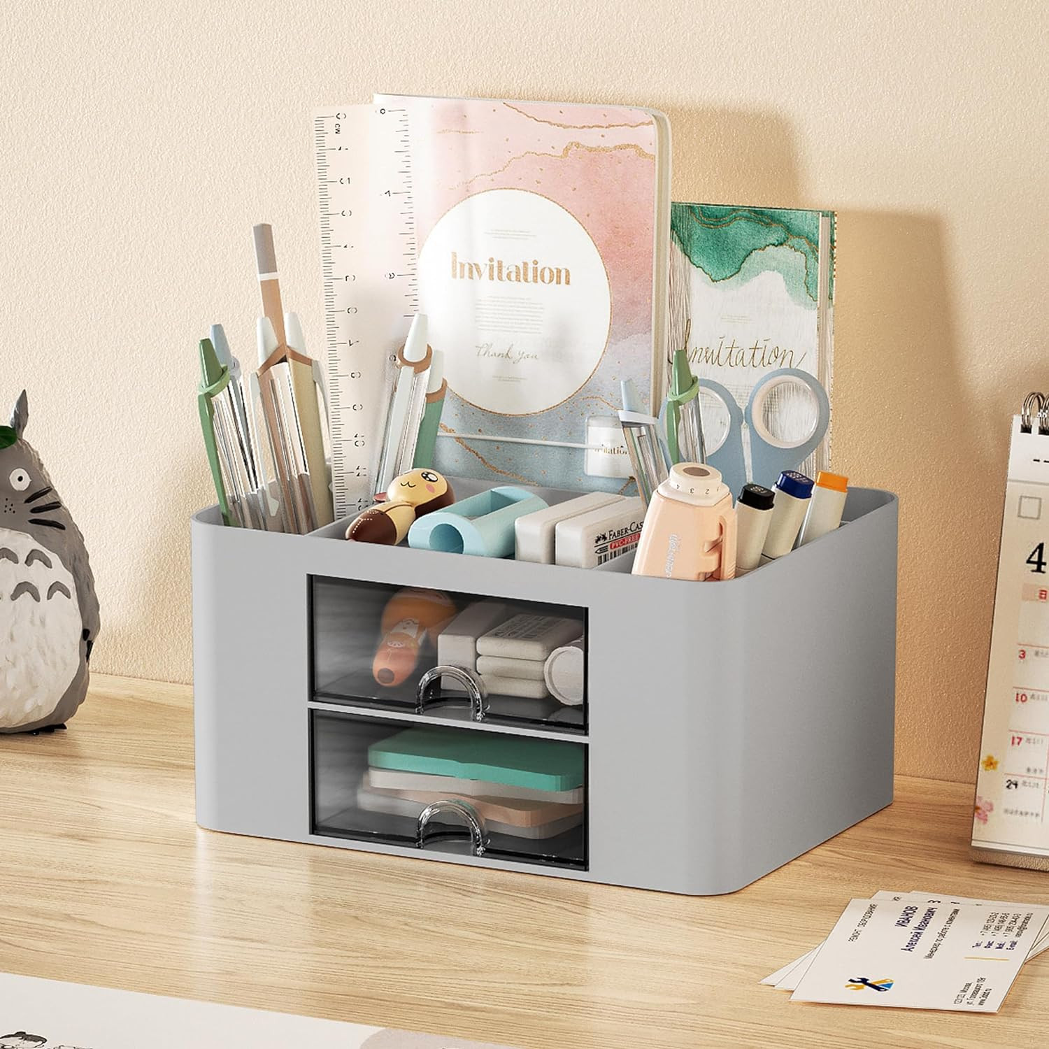 Pen Organizer with 2 Drawer, Multi-Functional Pencil Holder for Desk, Desk Organ