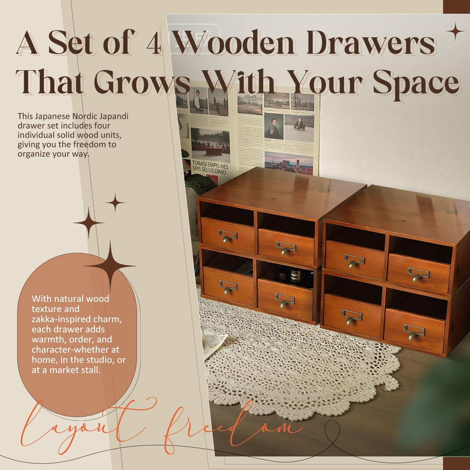 4-Pack Wide Wooden Desktop Drawer Organizer with Brass Label Holders – Horizo…