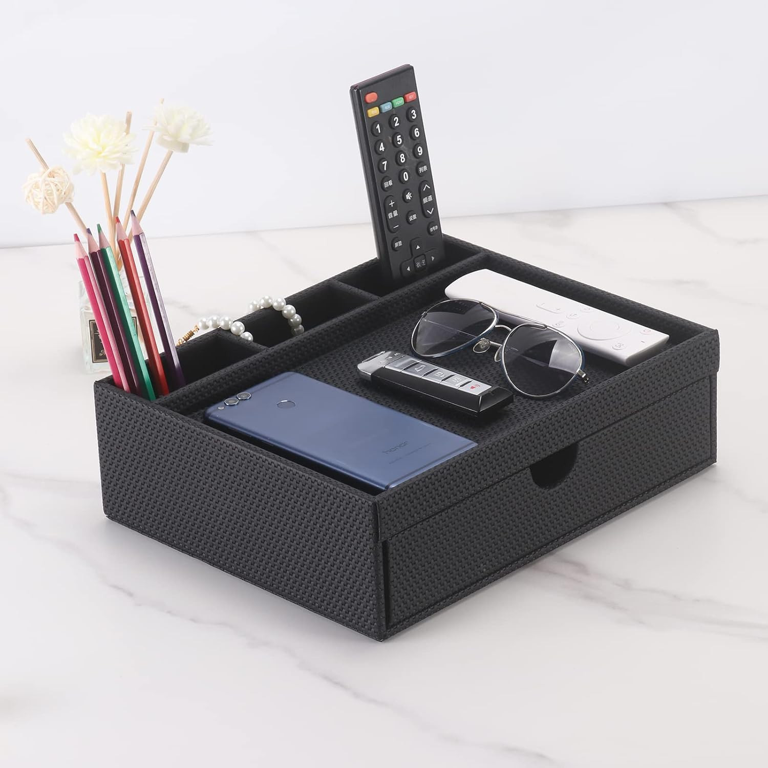 Stylish Black Leather Desk Organizer with Drawers & Dividers for Home & Office