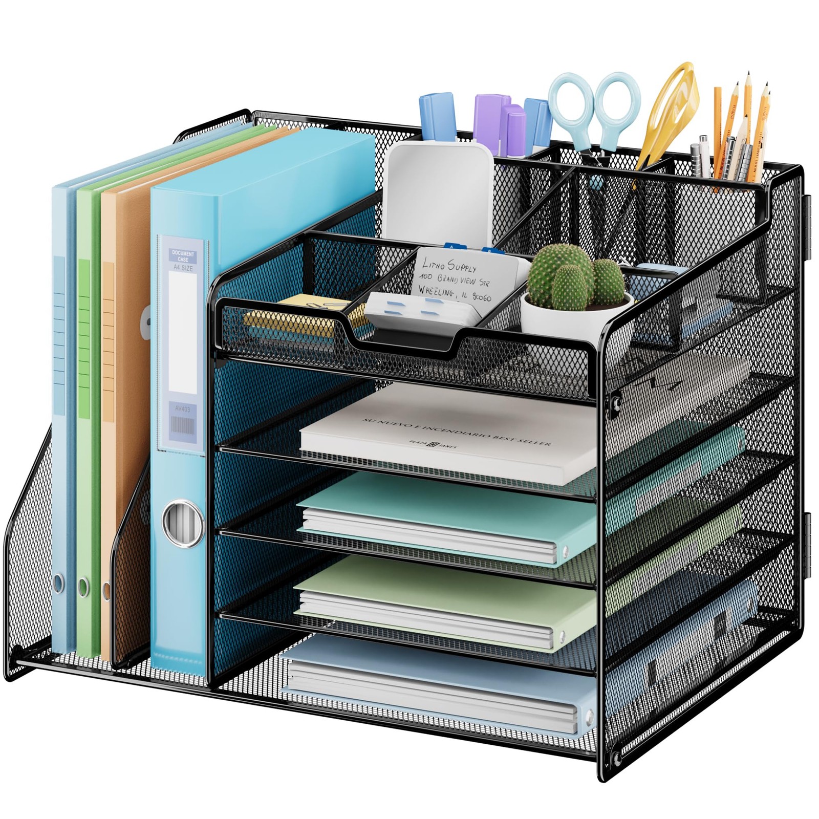 Desk Organizer, 5-Tier Metal Mesh Letter Tray with 2 File Holders & 7 Flexibl…