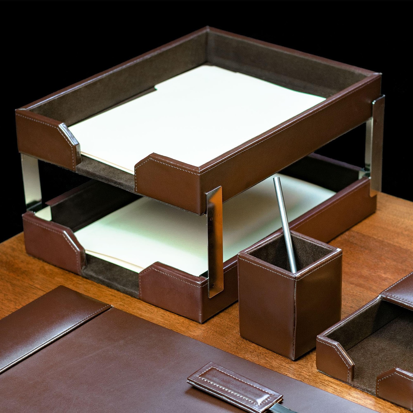 Dark Brown Bonded Leather Front-Load Double Letter Tray Set w/Silver Stacking…