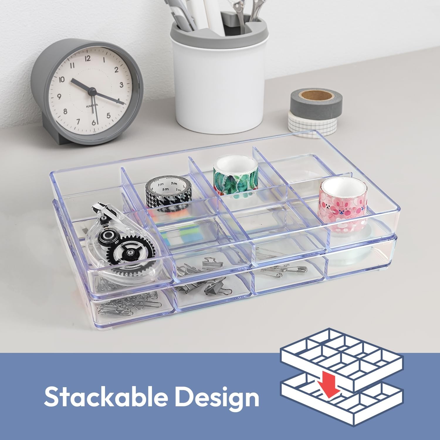 carrotez Small Stackable Jewelry Organizer Tray, 8 Grid, Clear Plastic clear