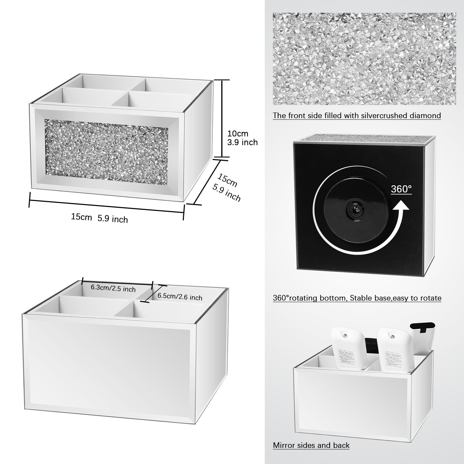 360 Rotating TV Remote Control Holder Caddy Storage for Table, Silver Bling C…