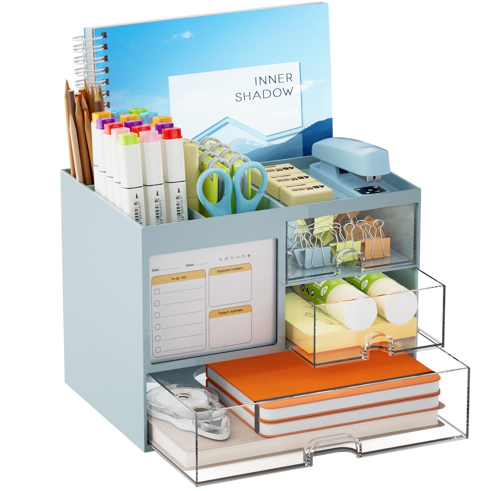 Marbrasse Desk Organizer with 3 Drawer, Multi-Functional Pencil Pen Blue