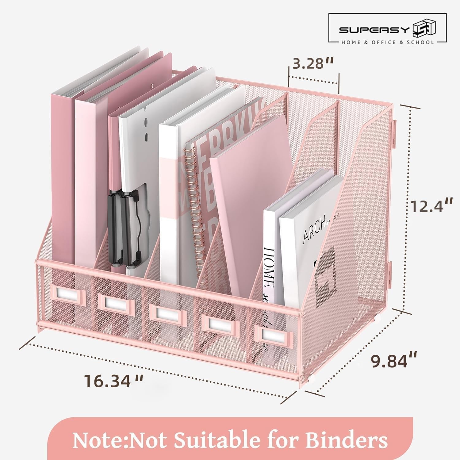 Metal Desk File Holder 5 Compartments Magazine Organizer Rack Pink
