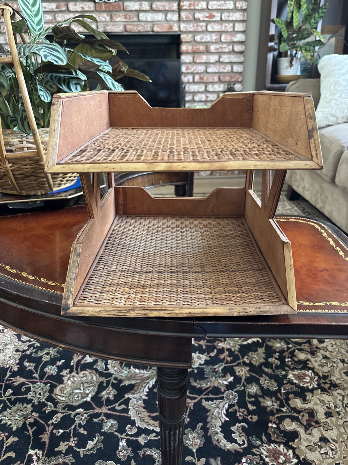 Bamboo Woven Rattan 2 Tiered Desk Organizer, Burnished 🔥 Good Condition