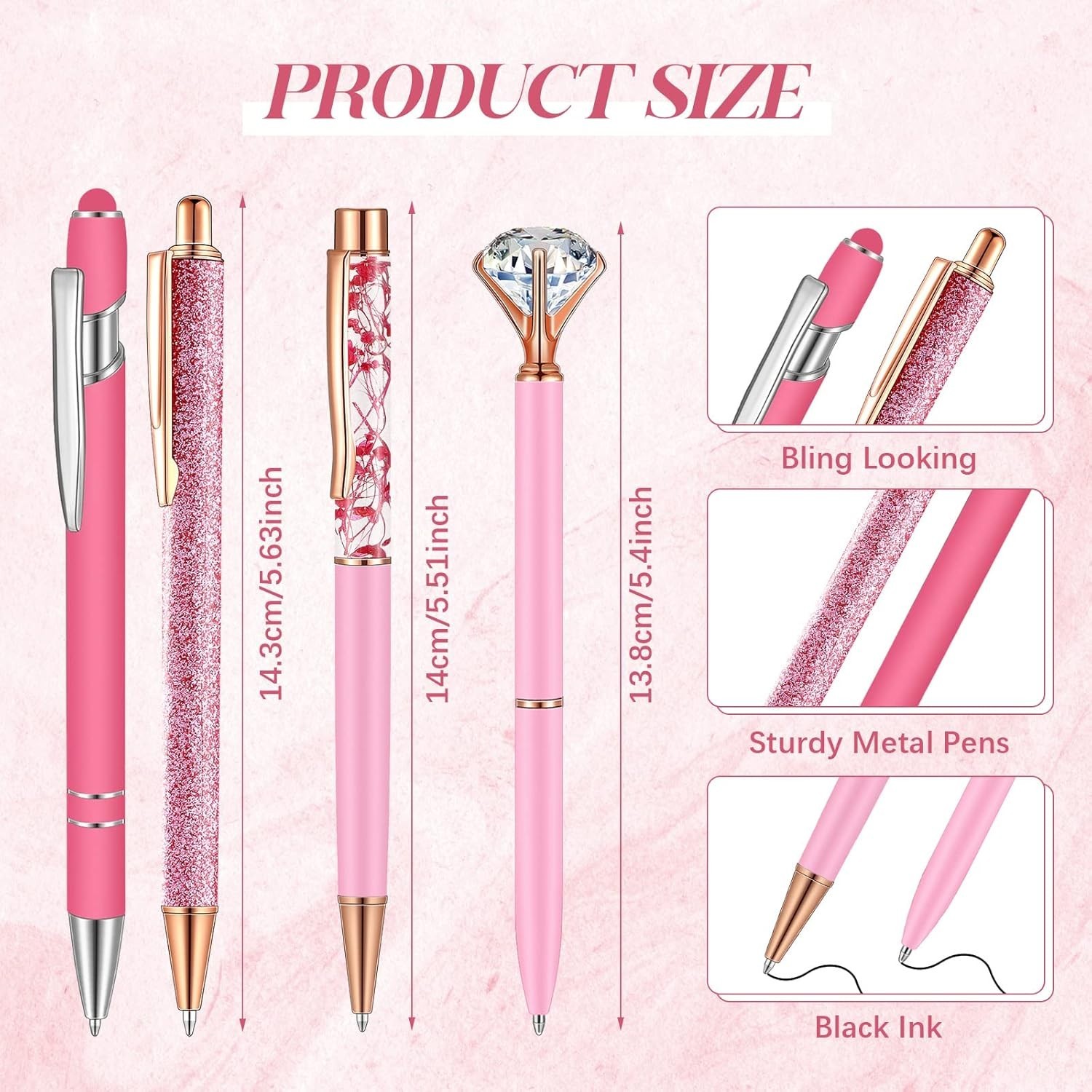 Chic Pink Pen Organizer with 8 Bling Ballpoint Pens – Ideal for School & Office