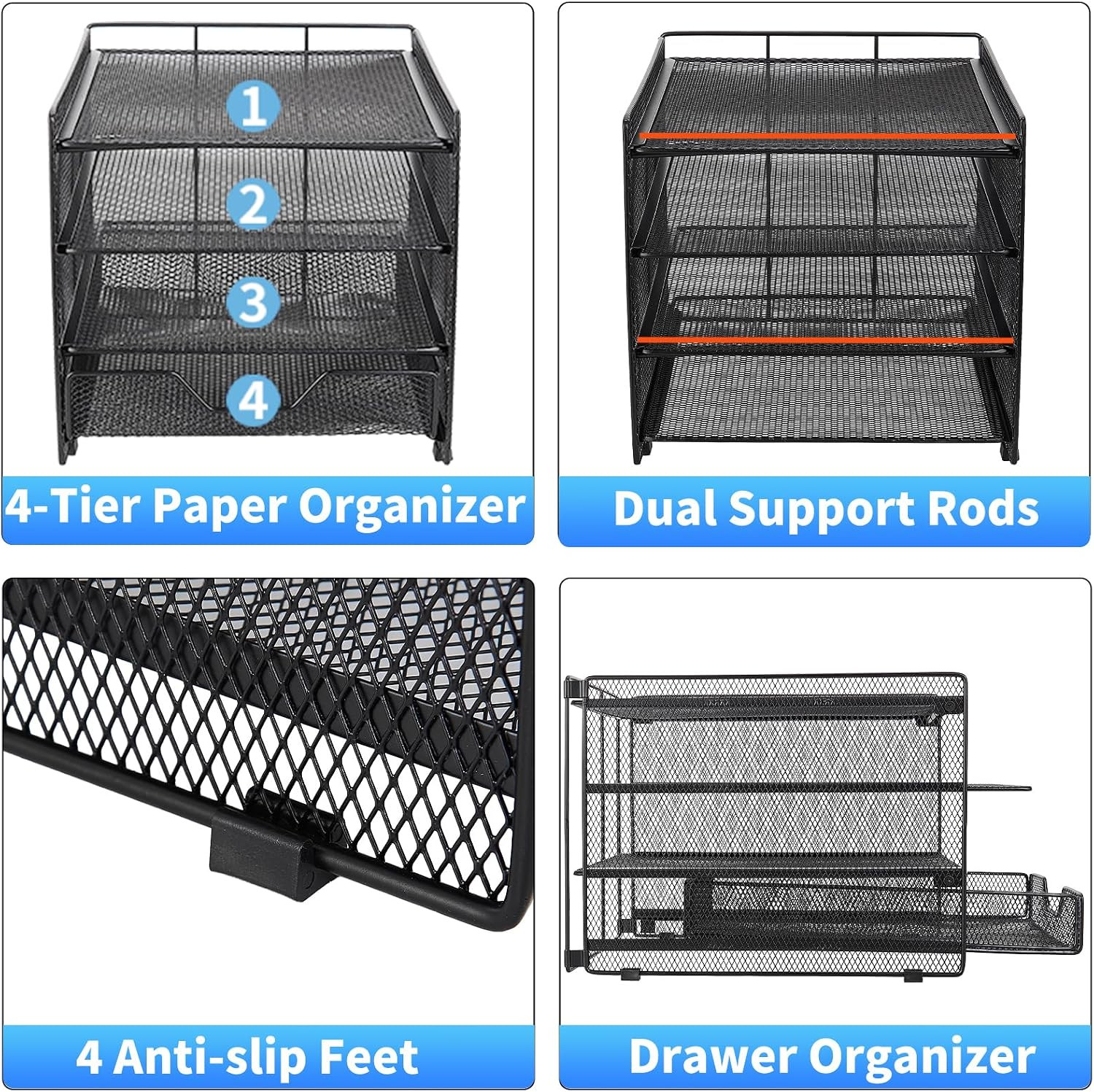 Desk Organizers and Accessories, 4-Tier Desktop File Organizer with Drawer, Offi