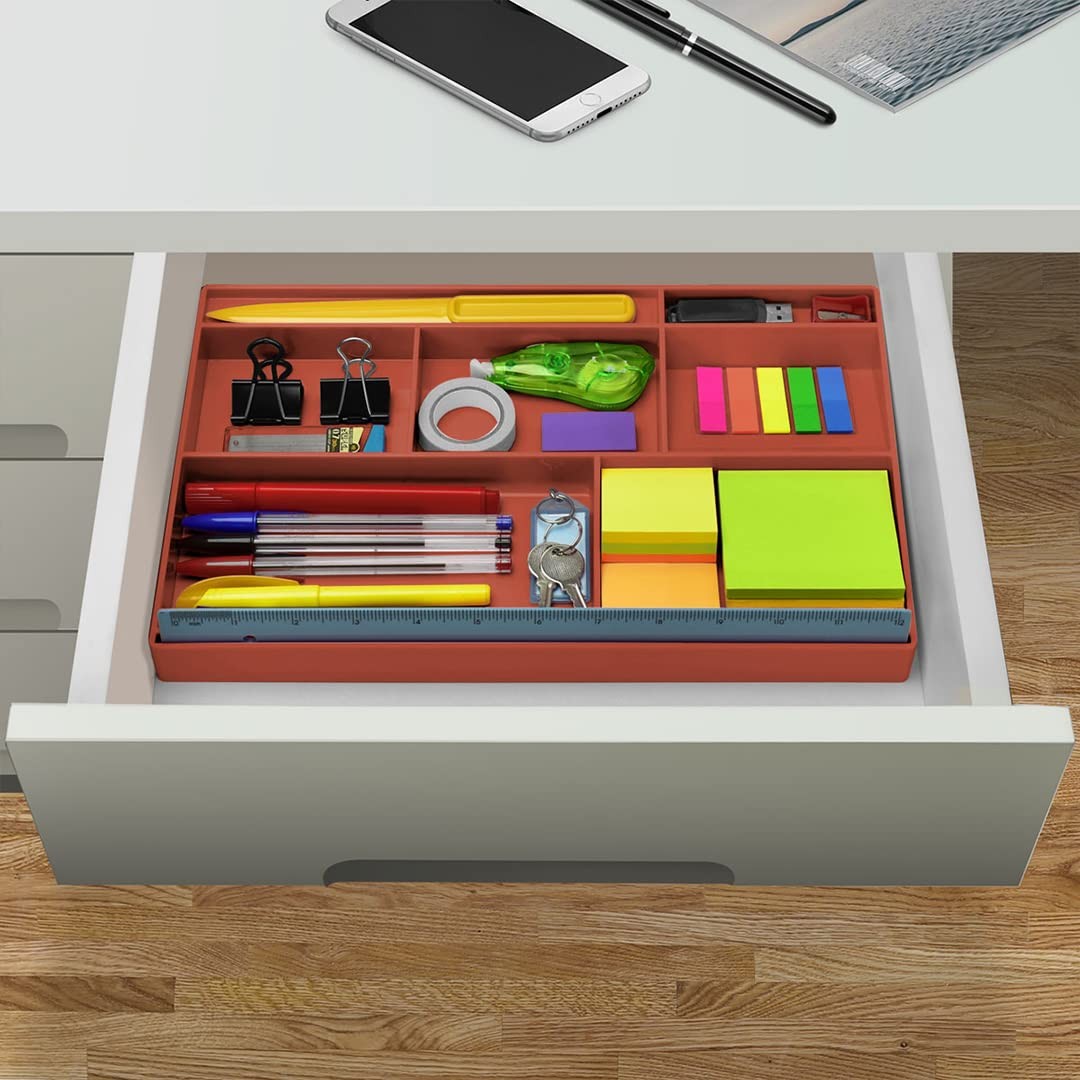 8 Compartment Plastic Desk Drawer Organizer Tray 12.75x8x1.06 Inch Red Color