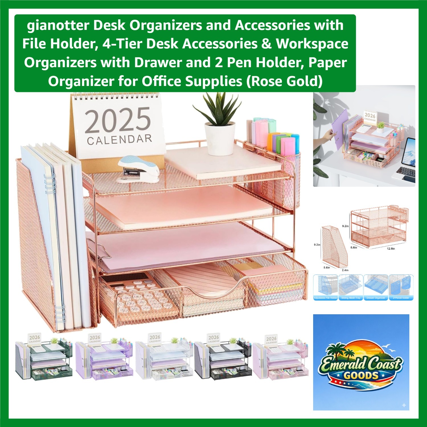 Stylish 4-Tier Rose Gold Paper Organizer with Sliding Drawer & Pen Holders